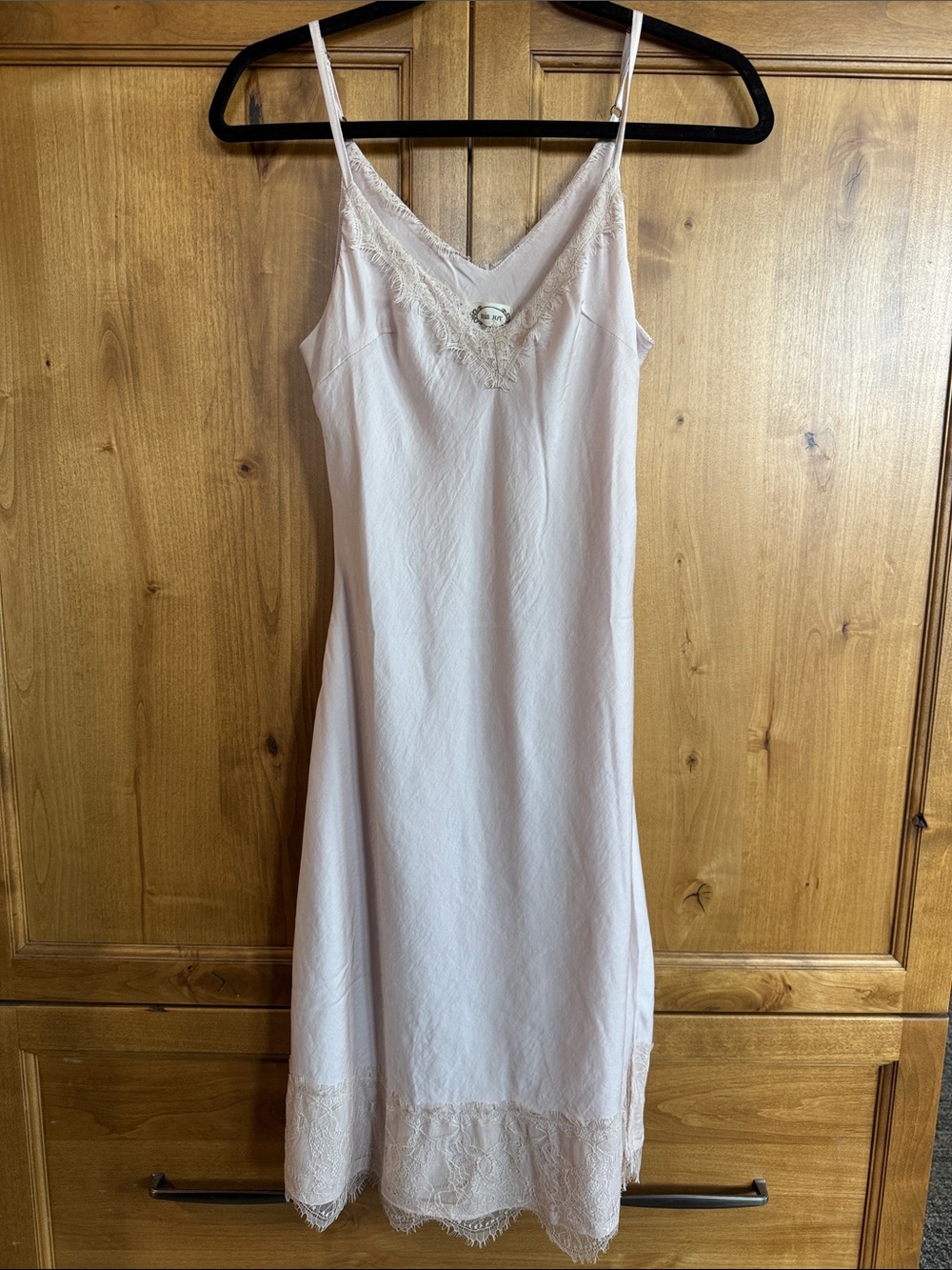 Silk-Feel Lace-Trim Midi Slip Dress in Blush Pink